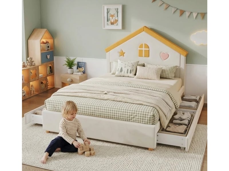  Lit enfant 140×200, forme maison, 4 tiroirs, velours, beige  - Conforama B