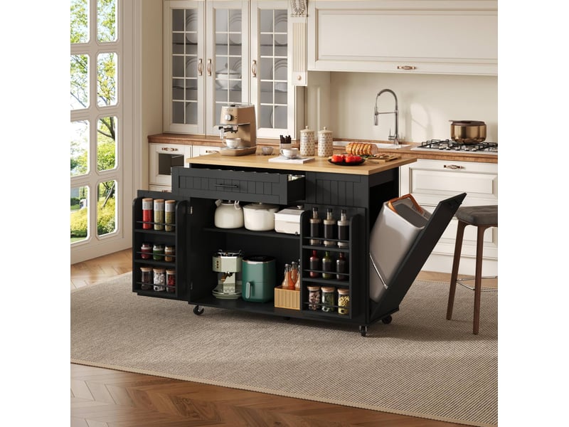  Desserte de cuisine 130 x 70 x 93 cm noir en mdf, plateau rabattable et rangement mobile à roulettes  - Conforama B