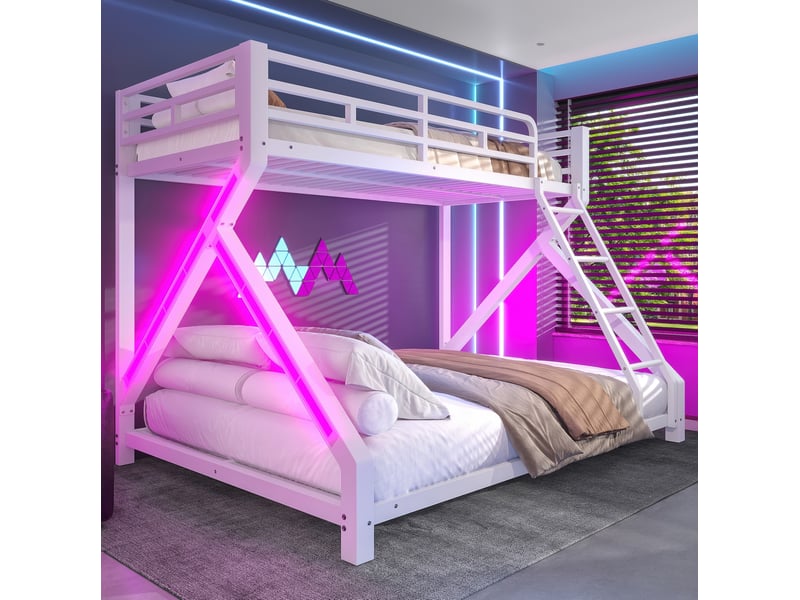 Lit superposé 90x200 cm + 140x200 cm avec éclairage led en métal blanc - Conforama C