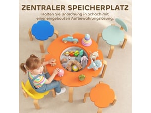 Ensemble table et chaises enfant 5 pièces, forme fleur, sac rangement, bois, multicolore, salle de jeux