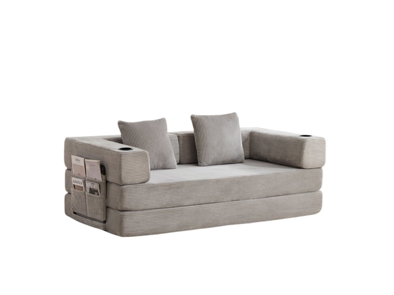 Canapé de sol convertible pliable en velours côtelé, porte-gobelets, poche latérale, sans montage, gris clair - Conforama A