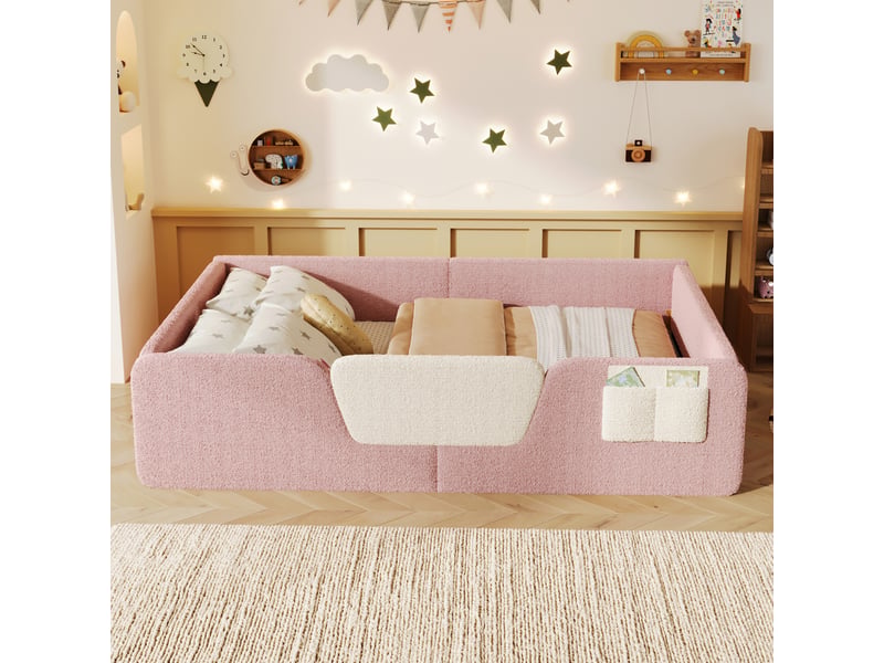  Lit enfant rembourré 140 x 190 cm en velours rose avec barrières amovibles  - Conforama E