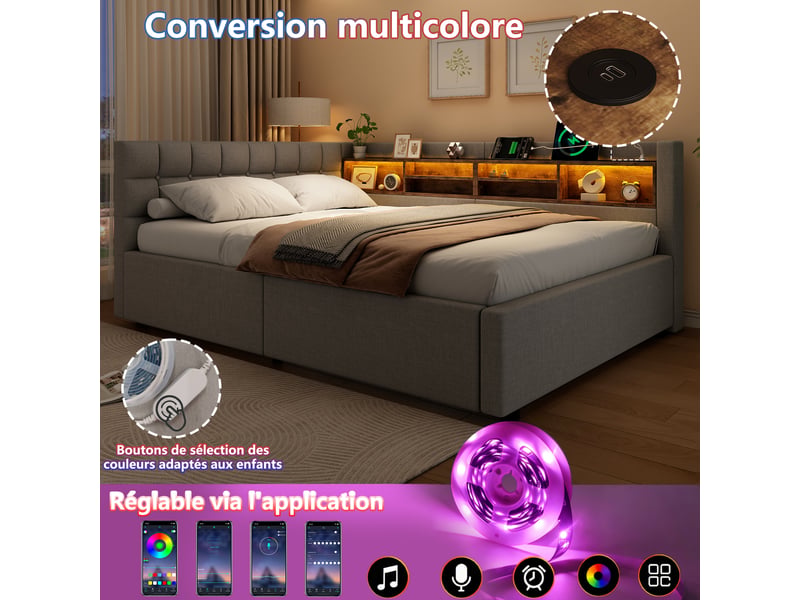  Lit coffre hydraulique 140x200 cm avec led dimmable, étagères, usb et tête réversible, tissu lin gris, sans matelas  - Conforama D