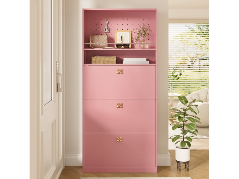 Meuble à chaussures 80x24x178,5 cm avec 3 abattants et 2 étagères, rose - Conforama B