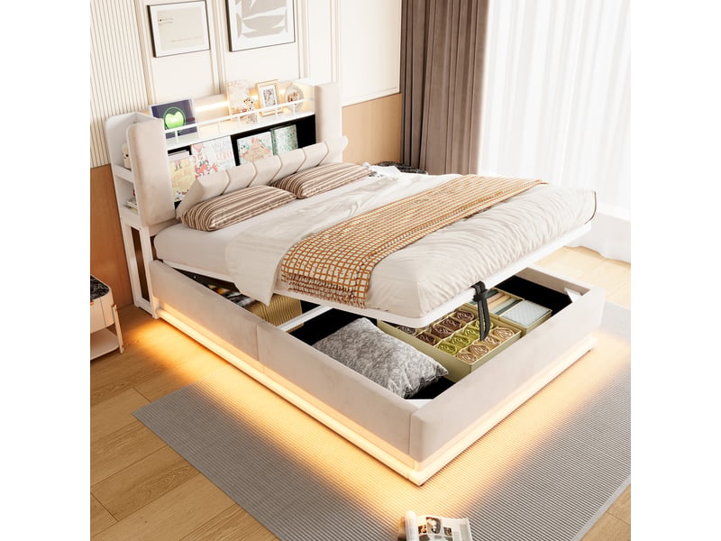 Lit coffre rembourré 140x200 cm avec led, prise usb et rangement hydraulique, structure métal, revêtement velours beige Morn Vibe - Conforama C
