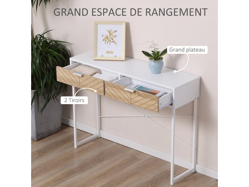  Table console industriel 2 tiroirs aspect bois de chêne sculpté motif à chevrons métal piètement blanc  - Conforama A