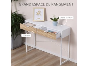 Table console industriel 2 tiroirs aspect bois de chêne sculpté motif à chevrons métal piètement blanc