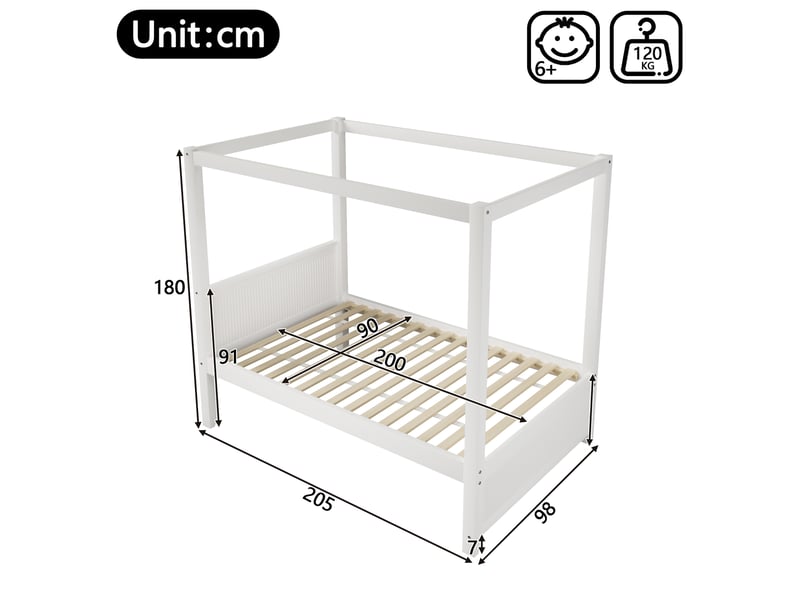  Lit à baldaquin 90x200 cm en pin et mdf blanc, avec cadre de toit ouvert  - Conforama E