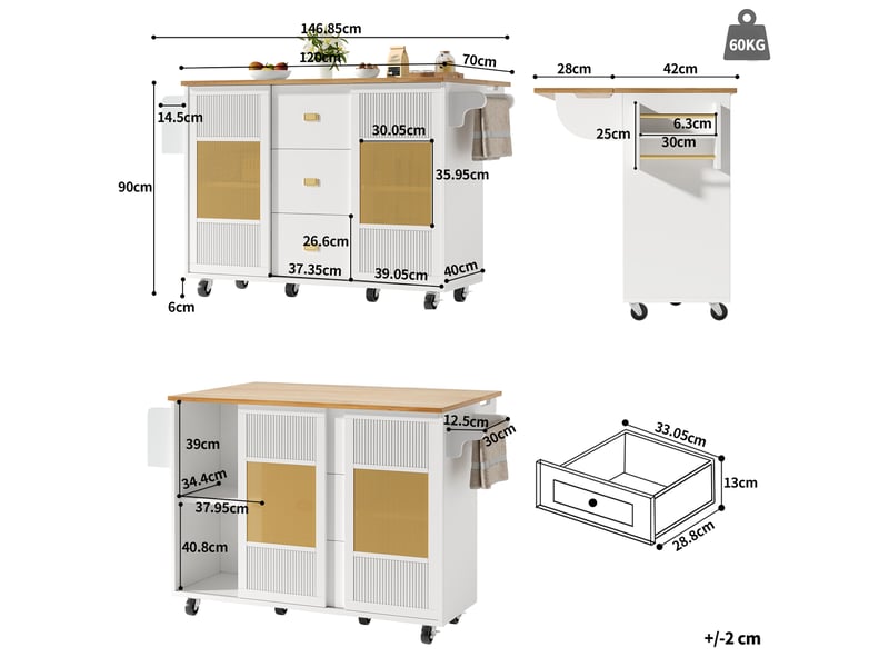  Îlot de cuisine 146,85x70x90 cm avec roulettes, tiroirs, portes coulissantes, mdf métal blanc  - Conforama C