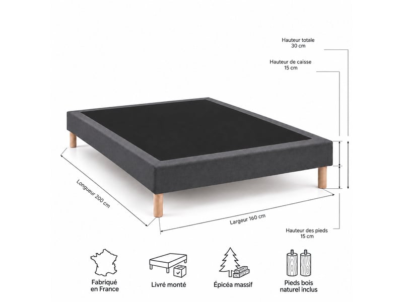  Sommier tapissier déco 160x200 cm gris - hauteur 30 cm - pieds inclus  - Conforama E
