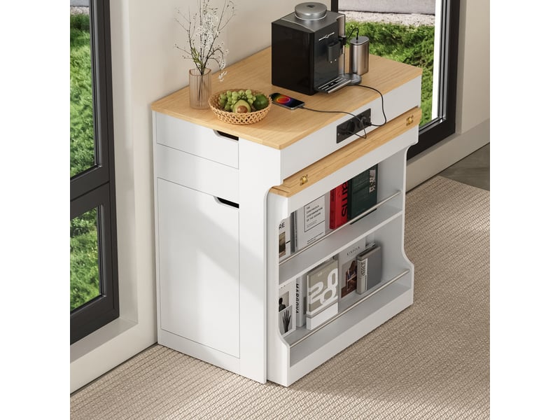  Ilot central de cuisine - 80x55x153cm - desserte extensible avec table, prises, étagères et roulettes - blanc et bois  - Conforama C