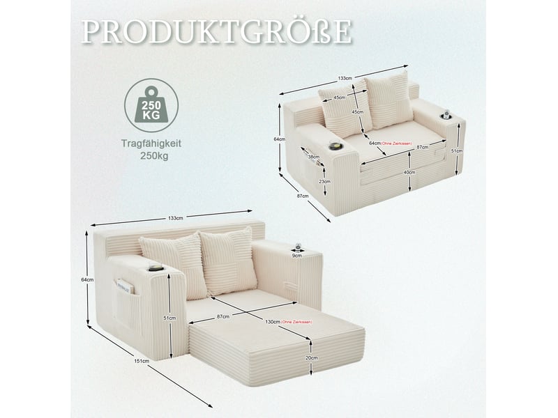  Canapé-lit 2 places 151x133x64 cm avec 2 coussins et porte-gobelet beige sans matelas  - Conforama E