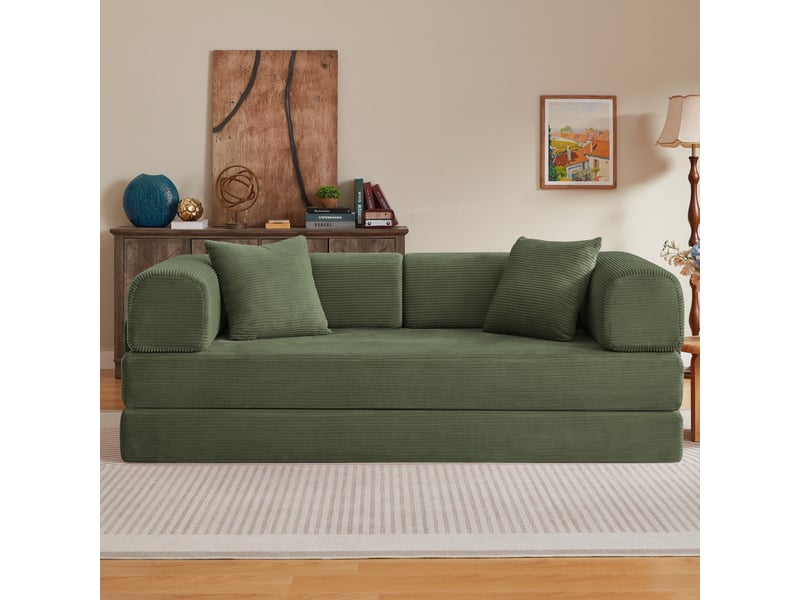  Canapé convertible 3 places modenvie canapé-lit en velours côtelé vert 204 x 97 x 65 cm avec 2 coussins et 2 matelas de 17 cm  - Conforama D