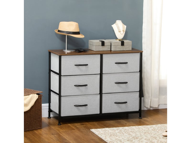  Commode à 6 tiroirs en tissu, pliable, structure en acier et pieds réglables, 80 x 30 x 62,5 cm, gris et marron  - Conforama C