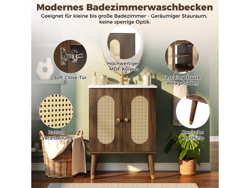 Meuble sous-vasque sur pieds 61 cm noyer, céramique et mdf, portes en rotin, étagères fixes et fermeture douce - Conforama C