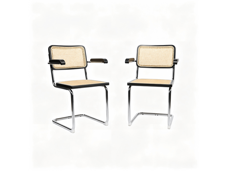 Lot de deux chaises de salle à manger, chaises en bois avec dossier en rotin et pieds chromés, style « brewer » du milieu du siècle, noir - Conforama R