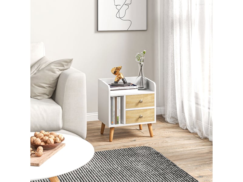  Table de chevet en pin avec 2 grands tiroirs, 1 étagère ouverte et pieds surélevés, design nordique, 43 x 30 x 49 cm  - Conforama D