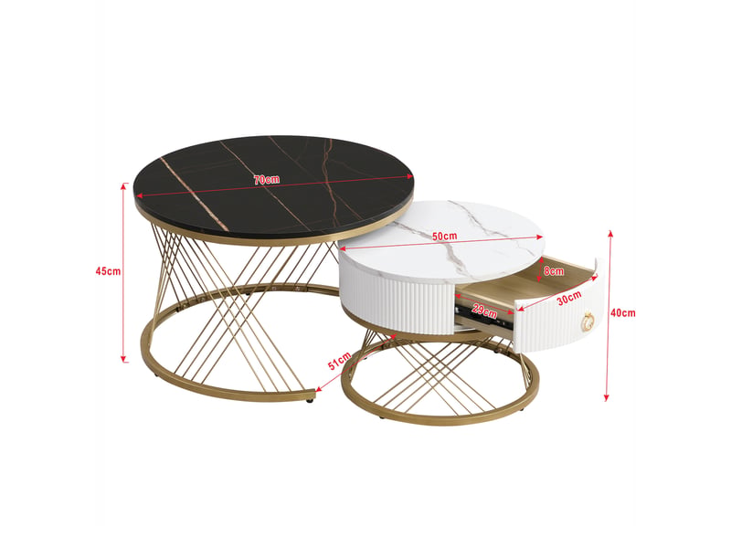  Table basse, effet marbre, lot de 2, 2 tiroirs, pieds en métal, design moderne et fonctionnel pour salon  - Conforama C