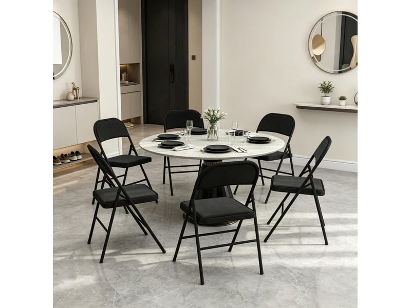  Chaises de salle à manger pliantes, lot de 6 avec assise rembourrée, en acier et tissu polyester noir  - Conforama E