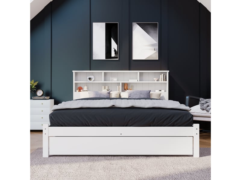  Lit enfant 140 x 200 cm, cadre de lit avec rangement, tiroirs de rangement, étagères ouvertes, sommier à lattes inclus, bois massif, blanc Morn Vibe - Conforama D