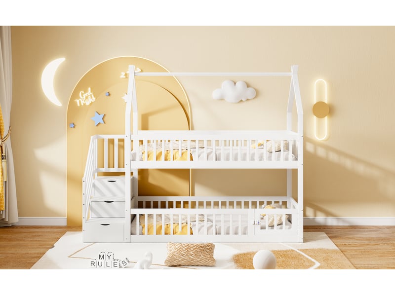 Lit superposé enfant 90x200 cm blanc bois massif pin avec toit escalier de sécurité et tiroirs de rangement Sol Morn - Conforama E