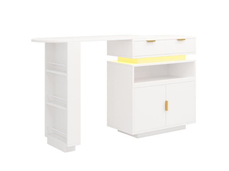 Îlot de cuisine, 115-183 × 40 × 99 cm, table de bar avec espace de rangement, éclairage led, rotation à 360°, blanc - Conforama A