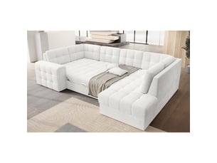 Canapé d'angle convertible monteza blanc bouclette 299 cm avec coffre et couchage