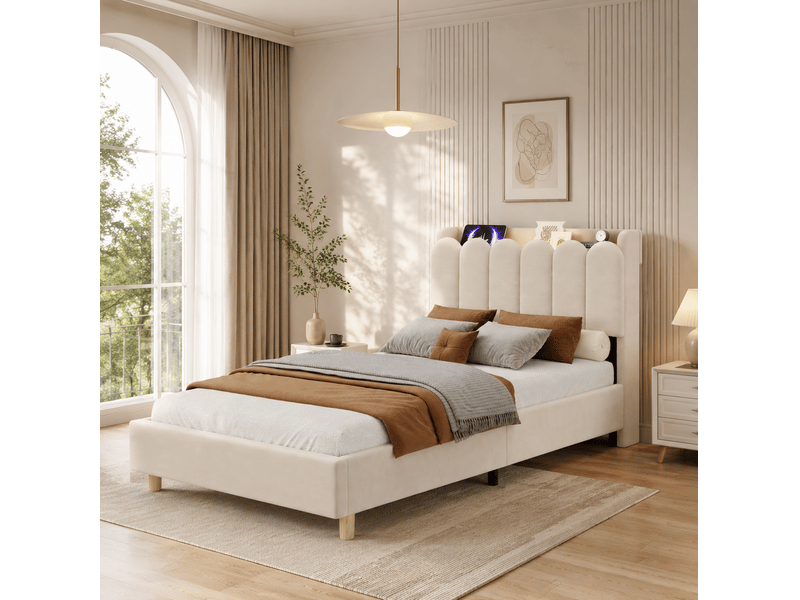  Lit enfant 90 × 200 cm 1 place avec étagères, usb, type-c et veilleuse, sans matelas, en velours beige  - Conforama B
