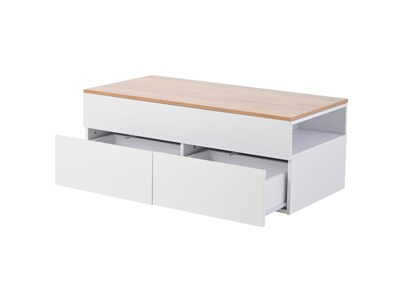  Table basse relevable 100x50 cm avec rangement caché, 2 tiroirs, bois et blanc  - Conforama R
