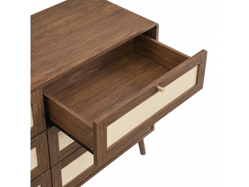  Commode 6 tiroirs 120x40x80 cm, façades aspect rotin, mdf, noyer  - Conforama E