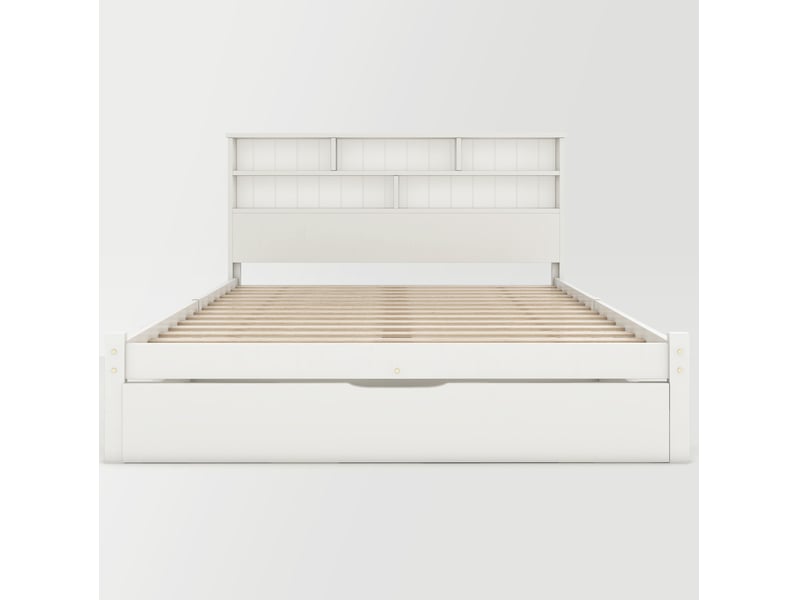  Lit double lit 140x200 cm avec 1 tiroir roulante et bibliothèque de rangement, lit adolescent et adulte,  blanc  - Conforama R