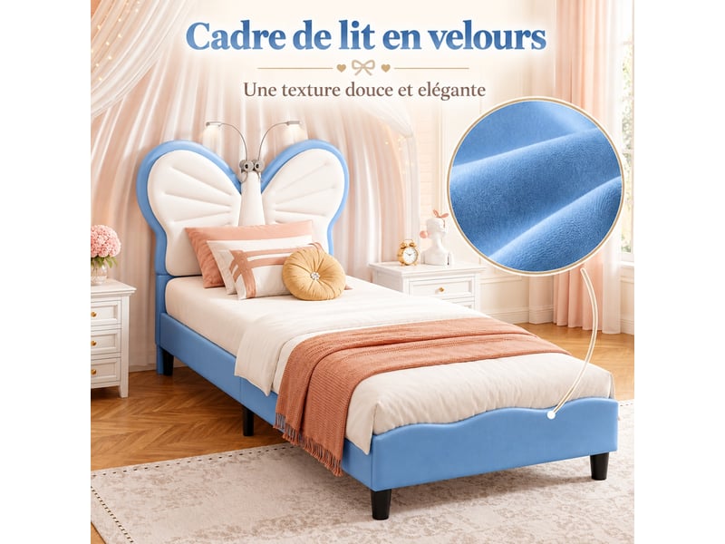 Lit enfant fille 90x200 cm en velours, tête de lit réglable en hauteur avec liseuses intégrées, lit princesse pour fille avec sommier à lattes, lit simple rembourré 90x200, bleu - Conforama W