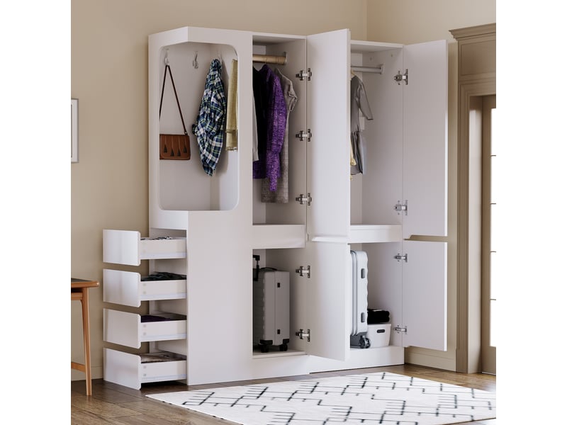  Armoire tcqpz 140 x 40 x 170 cm avec tiroirs et rangements, dressing ouvert, blanche en bois  - Conforama D