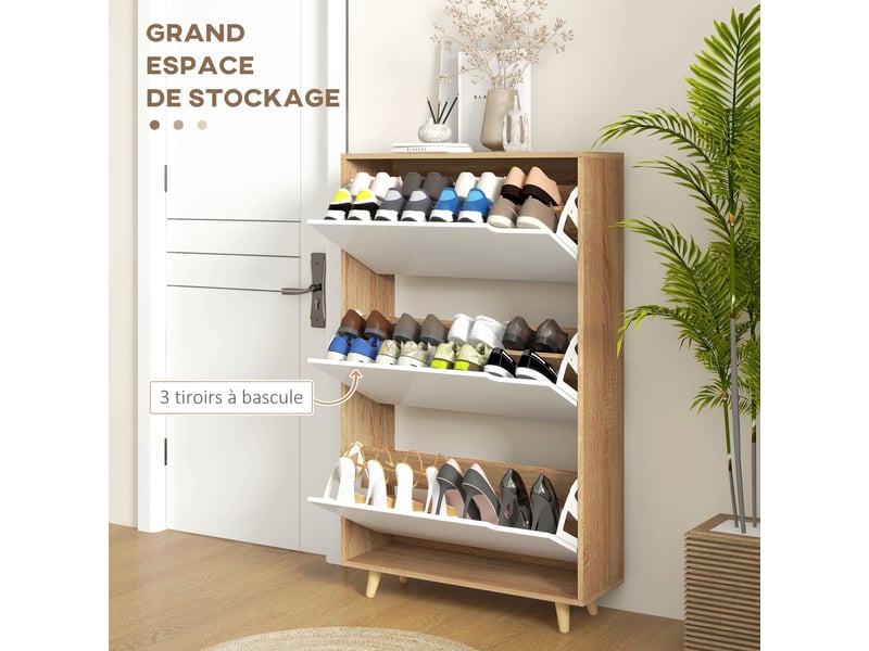  Meuble à chaussures 3 abattants avec étagère réglable, 72l x 24p x 119h cm, naturel et blanc  - Conforama E
