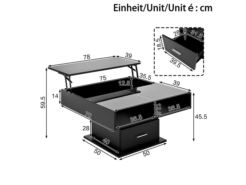  Table basse elevable carrée noir - 78x78 cm led panneau de particules table basse noir - Conforama C