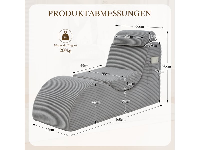 Fauteuil de relaxation 160 x 66 x 90 cm gris clair en corduroy, dossier ergonomique et poche latérale - Conforama C
