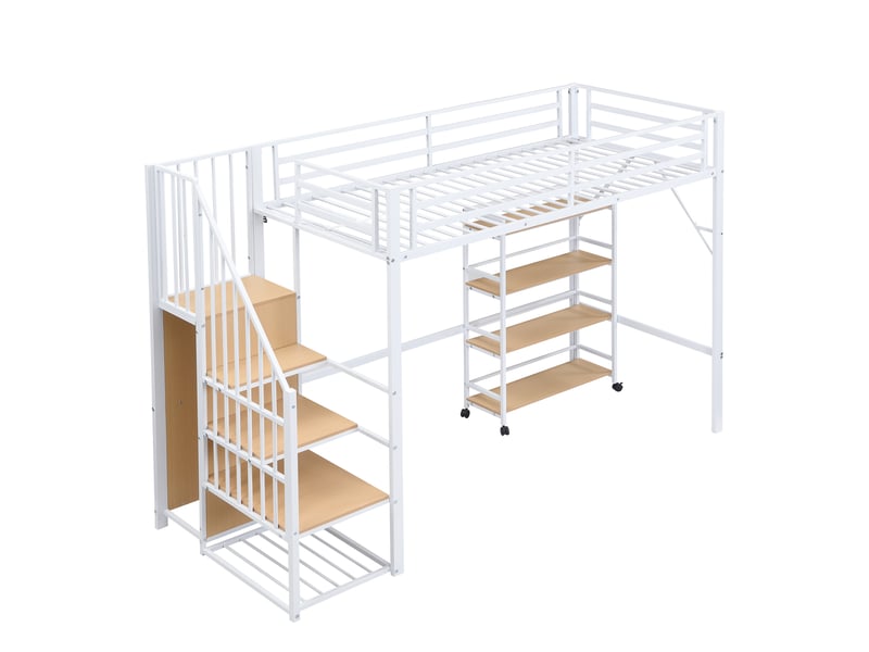  Lit mezzanine enfant 90x200 cm, barrière de sécurité, armoire ouverte, étagère, métal, blanc, sans matelas  - Conforama E