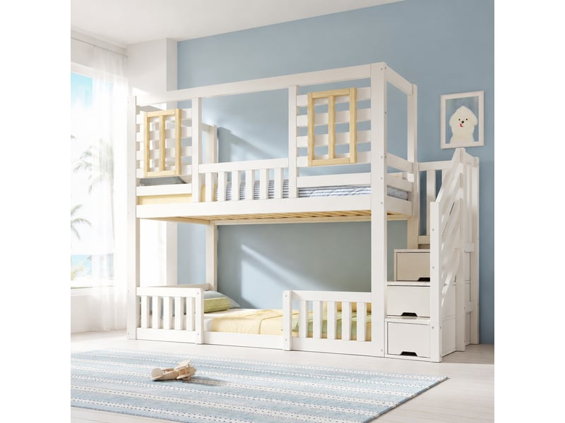  Lit superposé enfant 2 couchages 90x200 cm avec escalier de rangement, blanc  - Conforama D