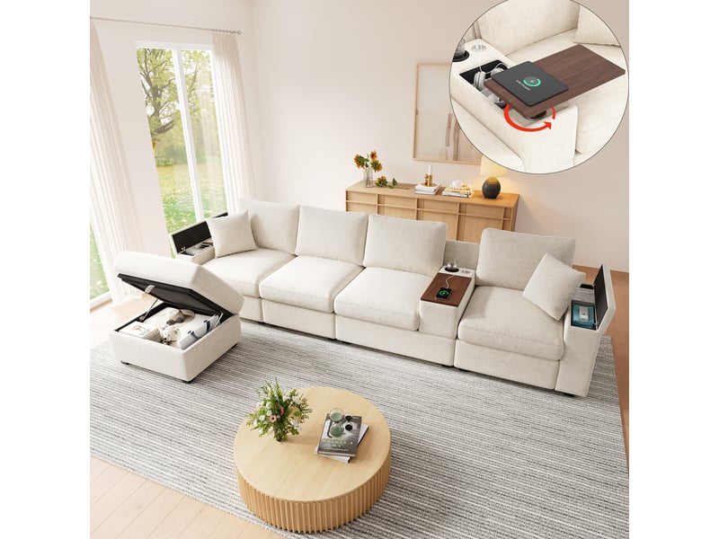  Canapé d'angle modulable 5 places en chenille beige, avec pouf de rangement, table pivotante et ports usb, idéal pour grand salon.  - Conforama B