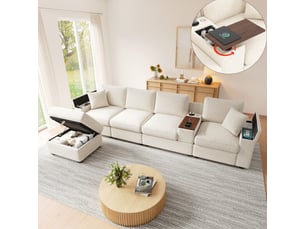 Canapé d'angle modulable 5 places en chenille beige, avec pouf de rangement, table pivotante et ports usb, idéal pour grand salon.