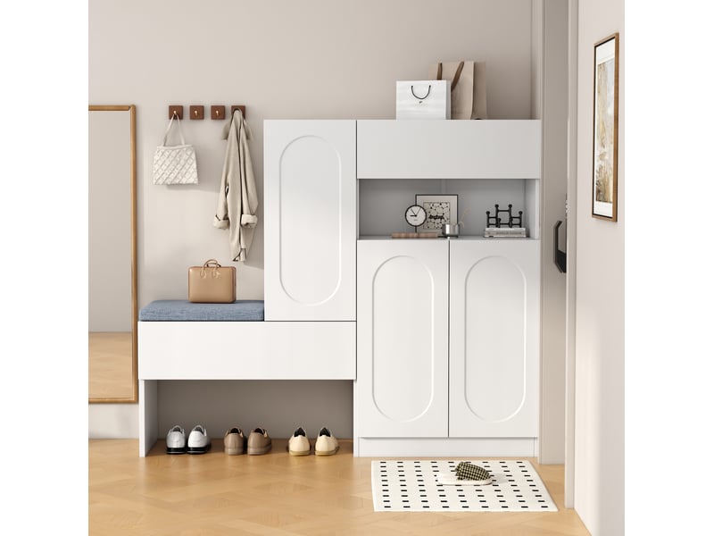  Meuble à chaussures ulevr 2 en 1 avec banc, rangements et portes à fermeture douce, 130 x 35 x 110 cm, panneaux de particules blancs  - Conforama D