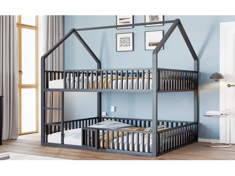  Lit superposé enfant design maison 140x200 cm noir métal avec échelle et portes ouvrantes Sol Morn - Conforama D