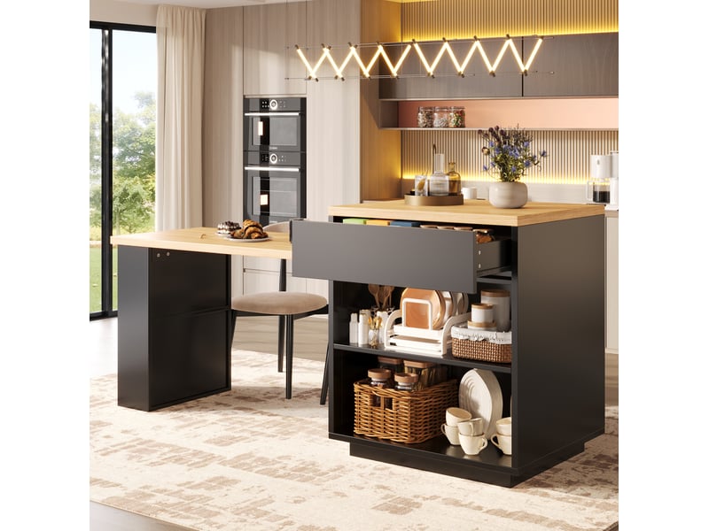 Îlot de cuisine extensible 122x70x94 cm avec rangement et led noir - Conforama B