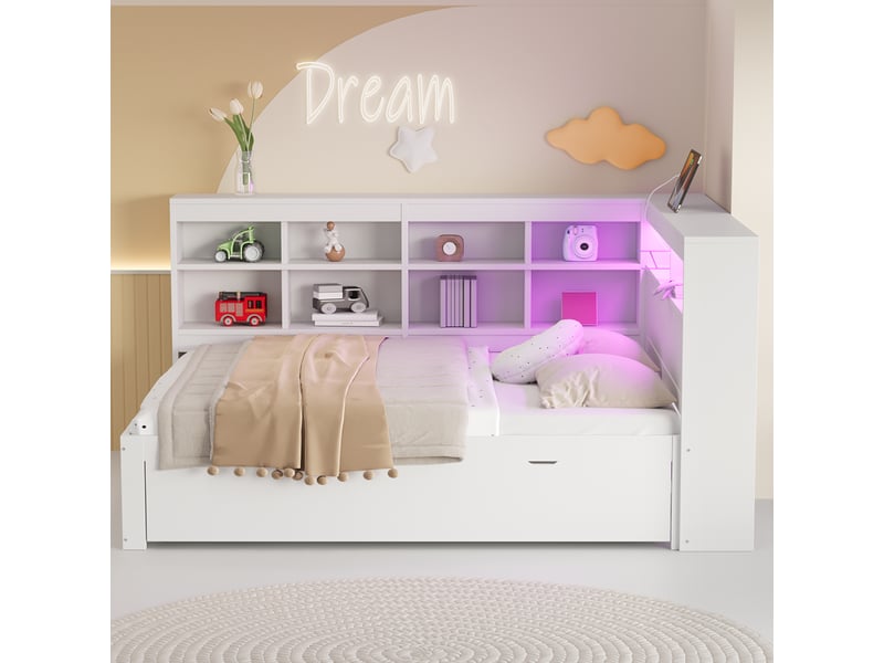  Lit coffre 140x200 cm avec rangements intégrés, led et usb, pin blanc, sans matelas  - Conforama R