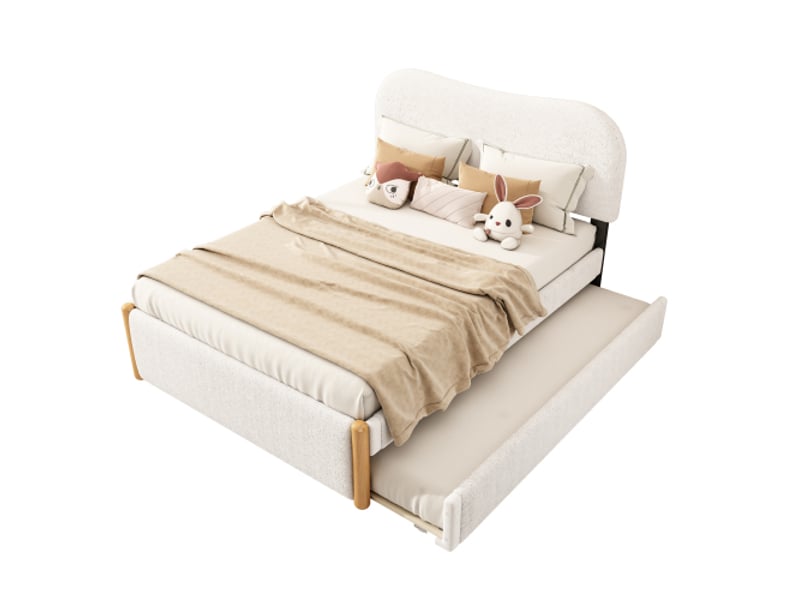  Lit enfant 140x200 cm, avec lit gigogne et avec tête de lit, en tissu, blanc, sans matelas  - Conforama A