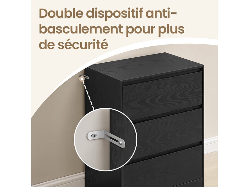  Commode 3 tiroirs sans poignées, meuble de rangement moderne, 60 x 40 x 75 cm, noir  - Conforama E