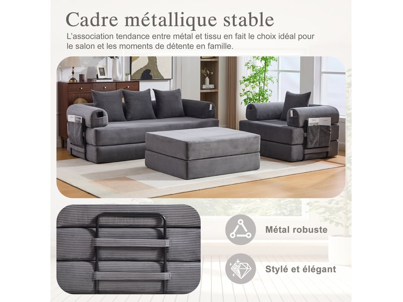  Canapé modulable modenvie 4 places velours côtelé gris foncé 200 x 190 x 67 cm  - Conforama E