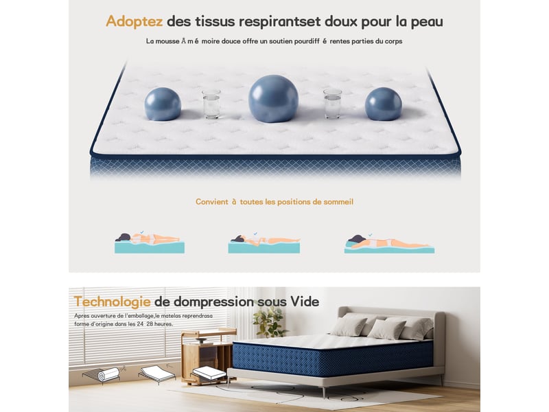  Matelas 140x200 cm - epaisseur 26 cm -h3 moyenne ferme- 7 zones de confort - deux faces  - Conforama D