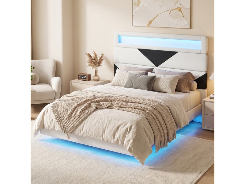  Lit double 160x200 cm,lit double led ,port usb-c, lit flottant, cadre de lit 160x200 cm, velours, blanc et noir  - Conforama B