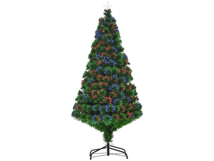 Sapin de noël artificiel lumineux 150h cm fibre optique multicolore + support pied 180 branches étoile sommet brillante vert